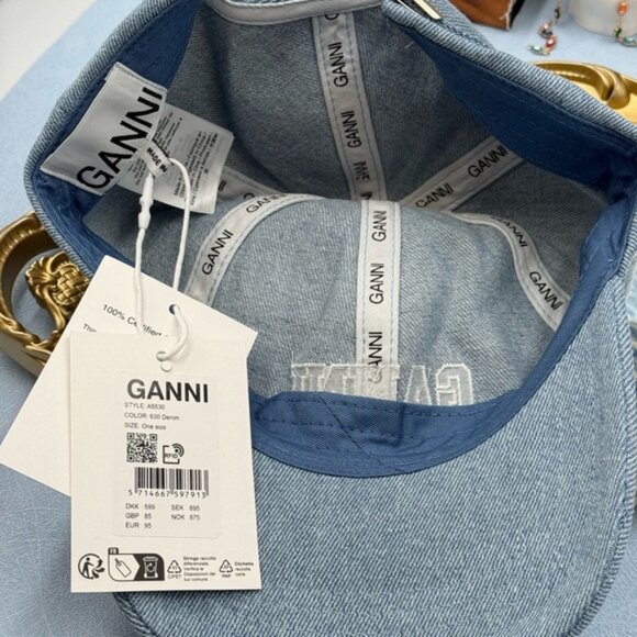 🆕 GANNI 🧿 NWT White Logo Embroidered Blue Denim Baseball Cap, Woman's Hat - Picture 13 of 14